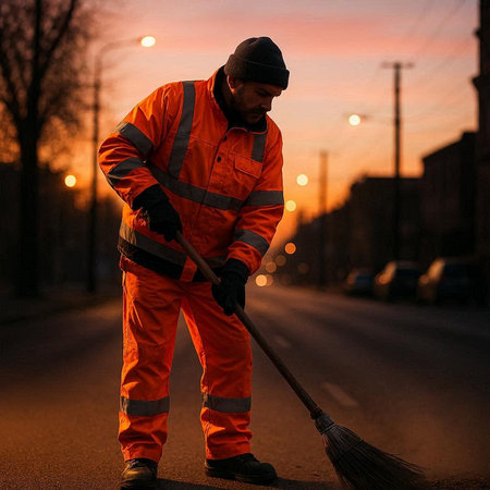 Male worker cleans the street with a broom at sunset. The concept of cleaning the city.