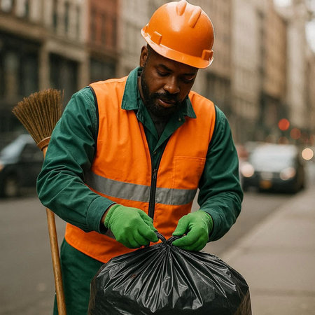 Handsome african american male janitor cleaning street with garbage bag