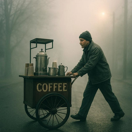 Coffee seller in the misty foggy morning. Vintage style.