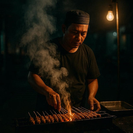 Street vendor grilling shish kebab at night