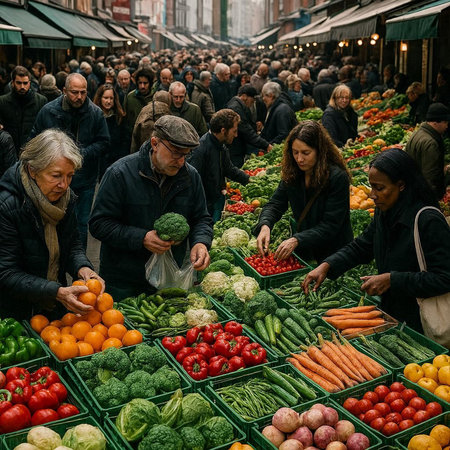 Unidentified people buying fruits and vegetables at a market in Carmona.の写真素材