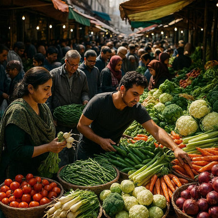 View of people selling vegetables at the street market in the morning