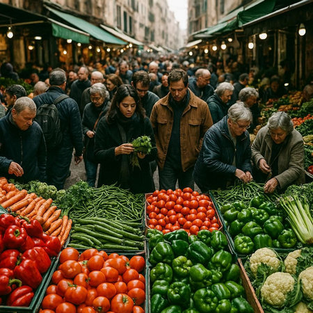 Group of people buying vegetables at the market