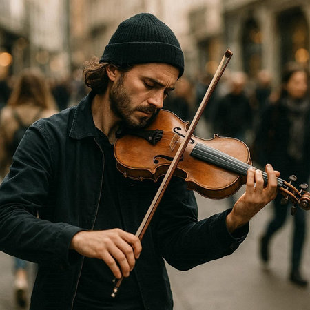 Musician playing a violin on the street in the city center.の写真素材