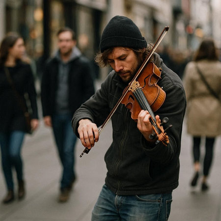 Handsome young man playing violin on the street. Street musician.