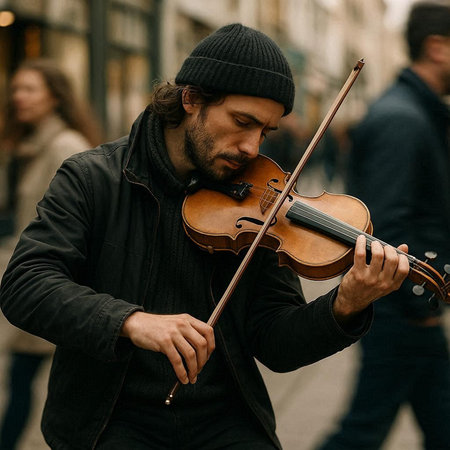 Young man with a violin on the street. The musician plays the violin.