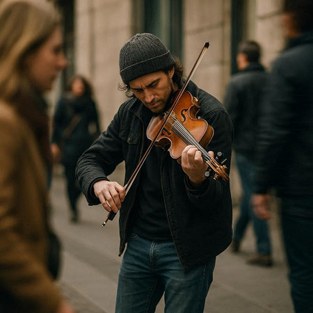 Street musician playing the violin on the street. Musician playing the violin on the street