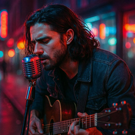 Passionate man singing and playing guitar in the street at night