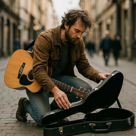 Street musician playing guitar on the street.