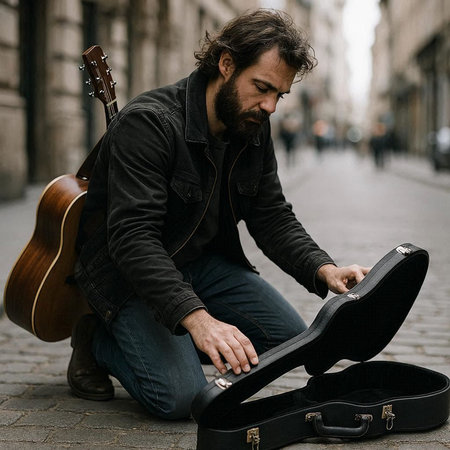 Man sitting on the street and playing guitar. Street musician.
