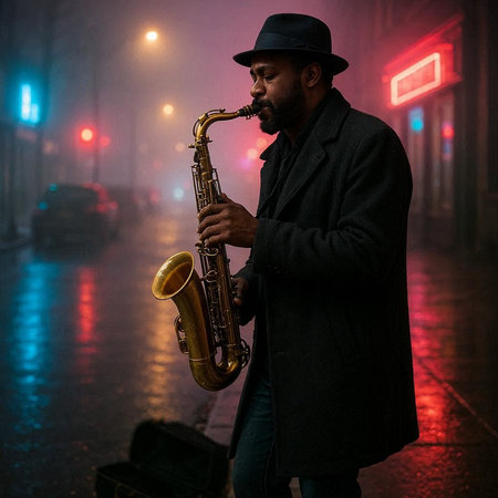 African american jazz musician playing the saxophone on a foggy night street.