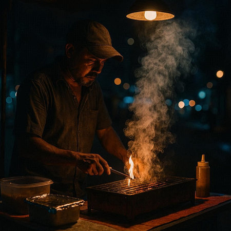 A man cooks on a grill in the street at night. Street food.