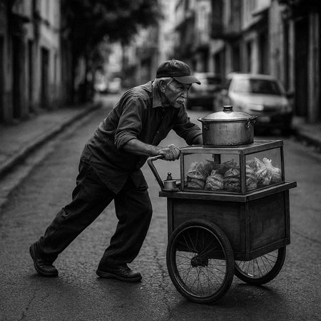 Street food seller in the old city. Black and white photo.