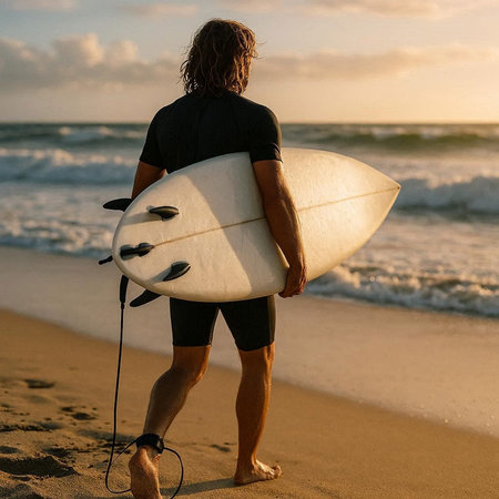 Surfer with surfboard on the beach at sunset, back view