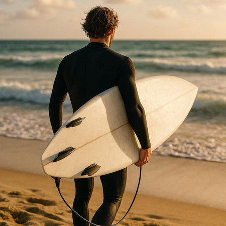 Rear view of young man in wetsuit holding surfboard on the beach