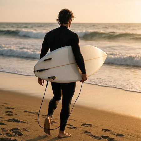 Rear view of young man in wetsuit carrying surfboard on the beach at sunset