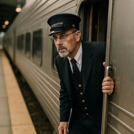 Portrait of a middle-aged man in a suit and a cap on the train station.