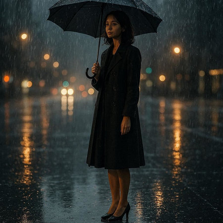 Beautiful woman in raincoat with umbrella standing on rainy street at night