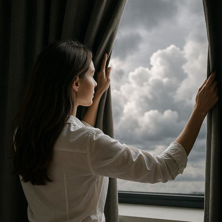 Young woman looking out the window at the sky and holding a curtain