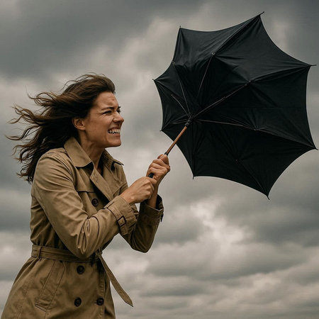Woman in trench coat with umbrella on stormy sky background. Rainy day.
