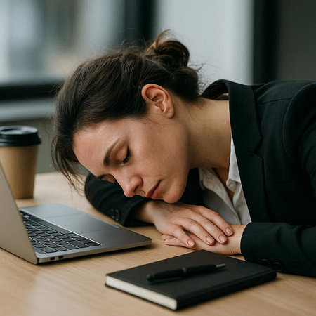 tired businesswoman sleeping at workplace with laptop and notebook in office