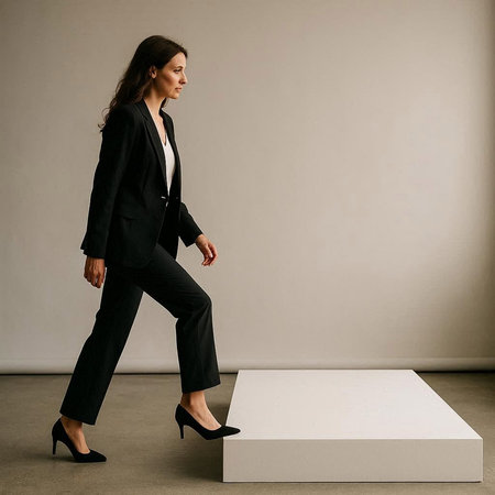 Side view of a businesswoman walking on a white cube in the office