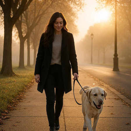 Beautiful young woman walking with her labrador retriever dog in the park