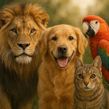 Lion, dog and parrot in the park. Animal portrait.