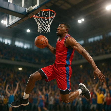 Full length portrait of a basketball player jumping with a ball on the basketball court