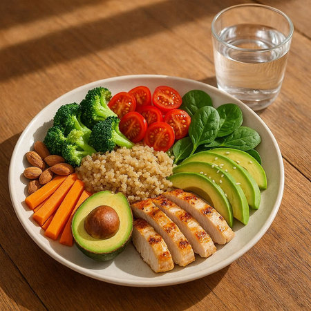 Healthy lunch bowl with quinoa, chicken, avocado and vegetables