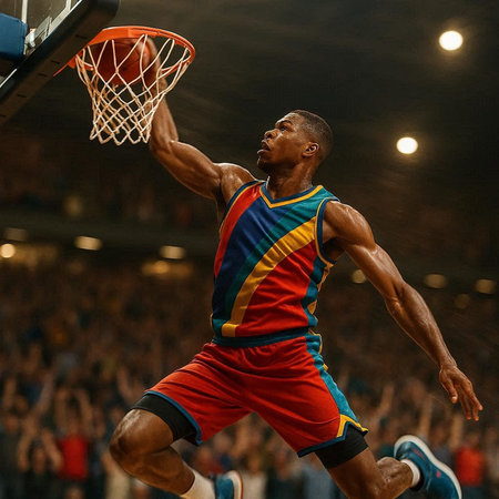 Full length portrait of a basketball player in action on a basketball court