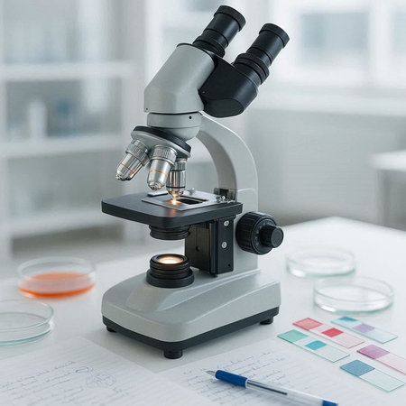 Microscope on table in laboratory. Science, chemistry and education concept