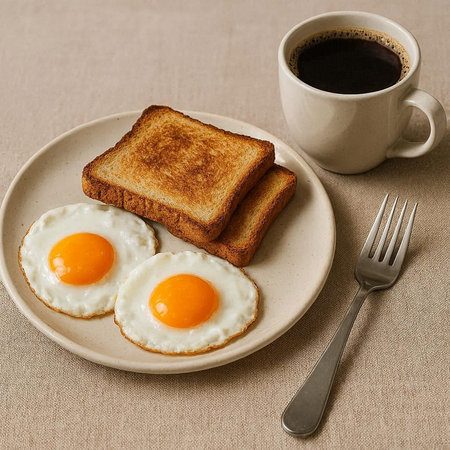 Breakfast with fried eggs and toast on a plate, selective focus