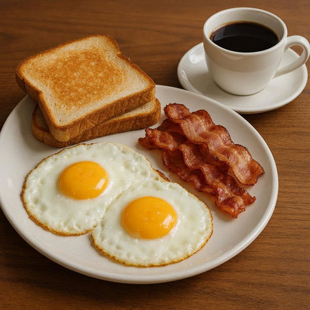 Breakfast with fried eggs, bacon and coffee on wooden table.