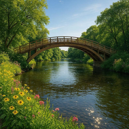 Bridge over the river with sunflowers in the park. Spring landscape.