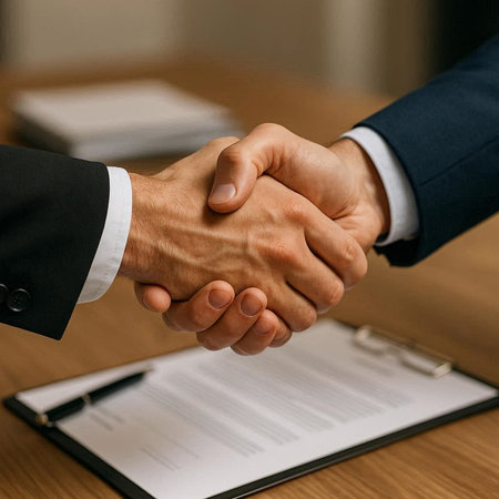 Close-up of two business people shaking hands in office. Handshake concept