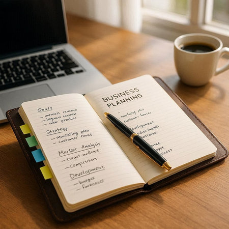 Business Notebook Workplace Notebook Laptop Cup of Coffee Concept