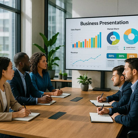 Group of multiethnic business people sitting at table in office and discussing financial graph