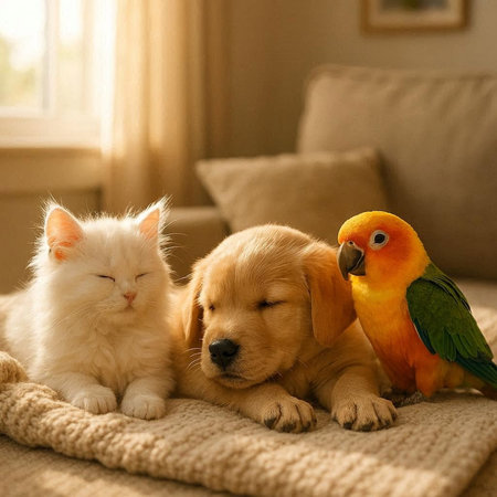 Cute cat, dog and parrot on the sofa at home