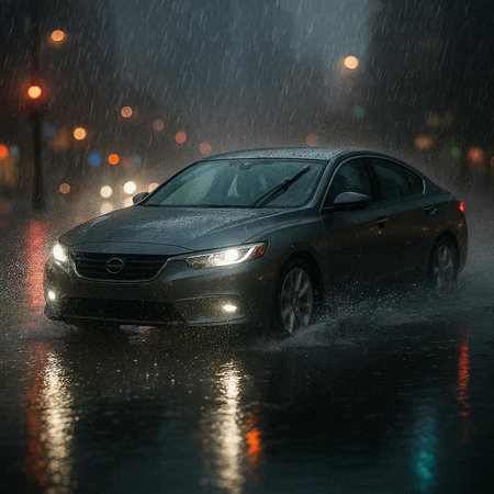 Car driving through heavy rain on a wet road at night with motion blur