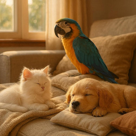 Cat and dog sleeping together on sofa at home.