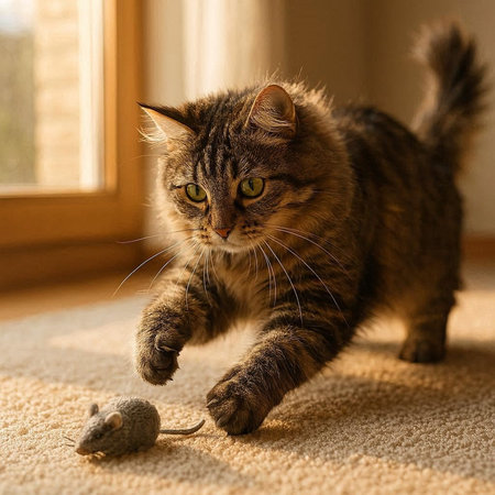 Domestic cat plays with mouse on the floor in the room.
