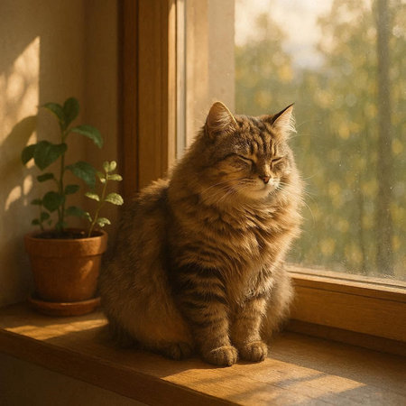 Siberian cat sitting on the window sill and looking out the window