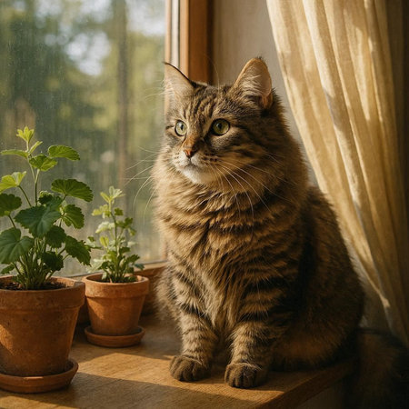 Cute tabby cat sitting on a window sill and looking out the window