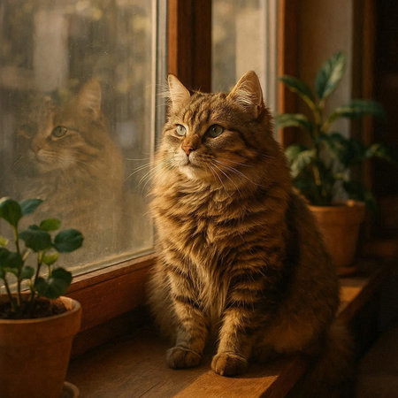 Beautiful cat sitting on the windowsill and looking out the window