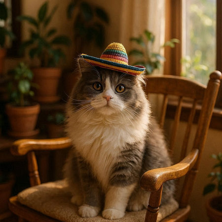 Cute cat wearing a sombrero hat sitting on a chair