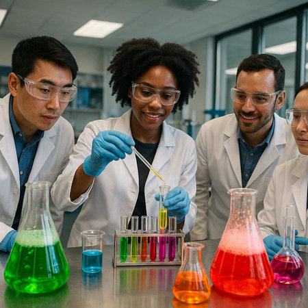 Group of scientists working with liquids in laboratory. Multiethnic group of young scientists...