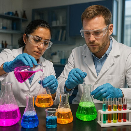 Two scientists working with liquids in laboratory. Science, chemistry, biology, medicine and people...