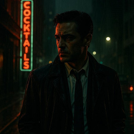 Handsome dark-haired man in a black jacket and white shirt on a dark street at night