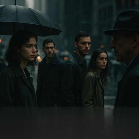 Group of young people walking in the rain in the city street.